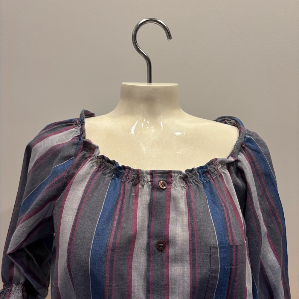 Striped Women's Blouse with Ruffle Neckline - Picture 12 of 13